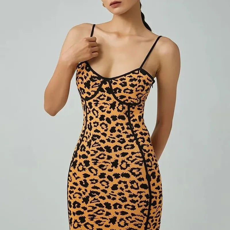 Alluring Sleeveless Bodycon Leopard Sweater Midi Dresses - Leopard