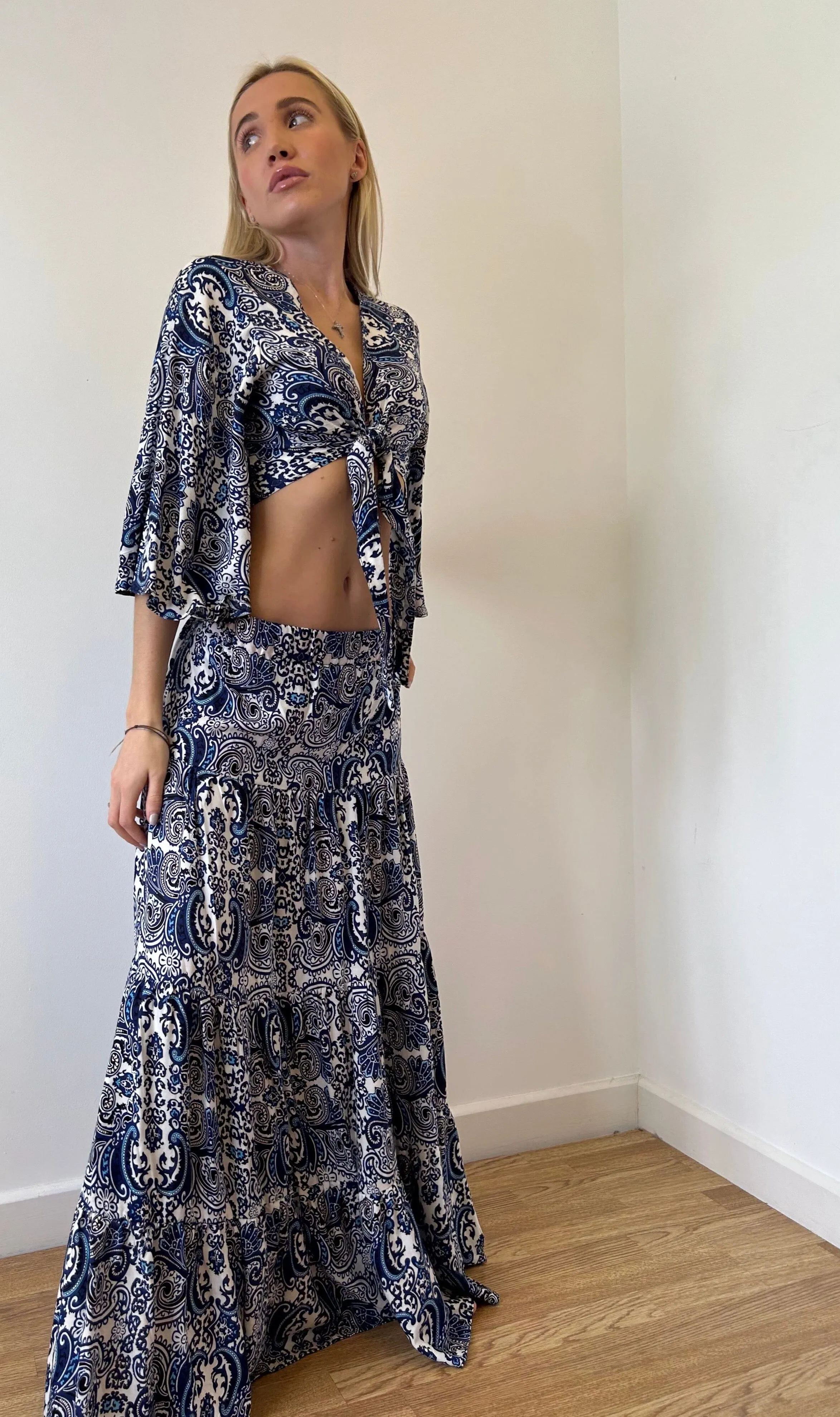 Blue Paisley Cotton Crop Top and Maxi Tier Skirt