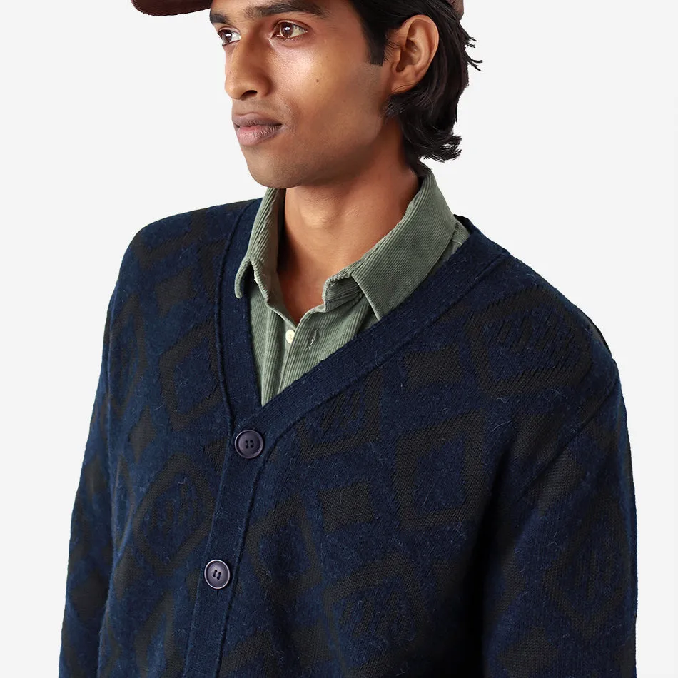 Buckley Geo Pattern Wool Cardigan - Navy Iris/Forest Green
