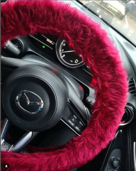 Burgundy red fuzzy faux fur car steering wheel cover