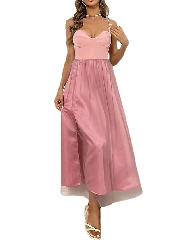 Casual Dress Midi Dress Black Pink White Sleeveless Pure Color Mesh Fall Spring Spaghetti Strap Romantic Birthday  S M L XL XXL for Women