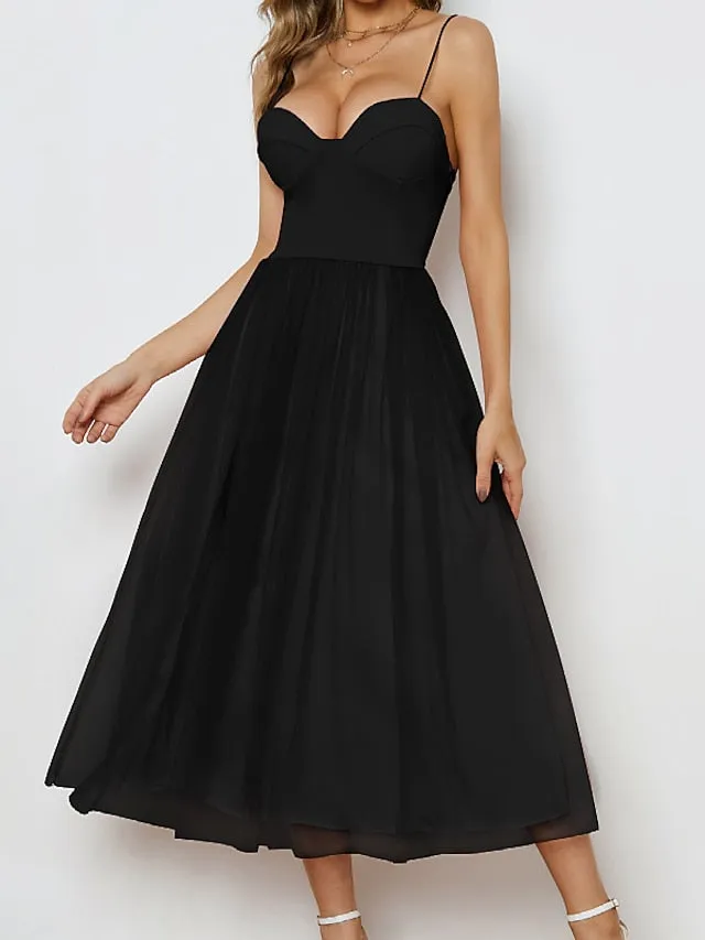 Casual Dress Midi Dress Black Pink White Sleeveless Pure Color Mesh Fall Spring Spaghetti Strap Romantic Birthday  S M L XL XXL for Women