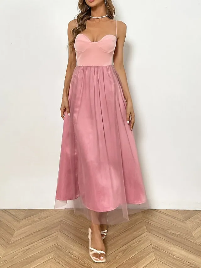 Casual Dress Midi Dress Black Pink White Sleeveless Pure Color Mesh Fall Spring Spaghetti Strap Romantic Birthday  S M L XL XXL for Women
