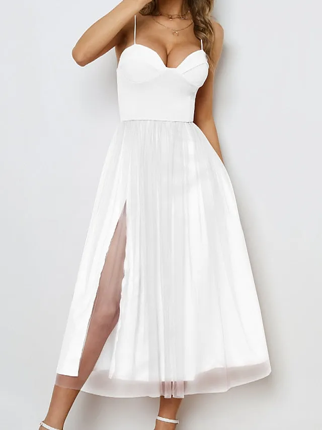 Casual Dress Midi Dress Black Pink White Sleeveless Pure Color Mesh Fall Spring Spaghetti Strap Romantic Birthday  S M L XL XXL for Women