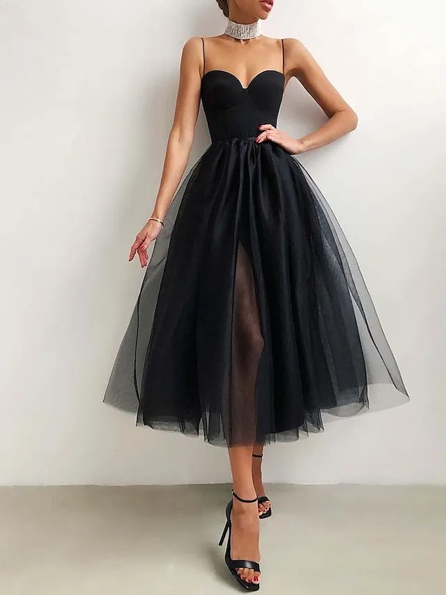 Casual Dress Midi Dress Black Pink White Sleeveless Pure Color Mesh Fall Spring Spaghetti Strap Romantic Birthday  S M L XL XXL for Women