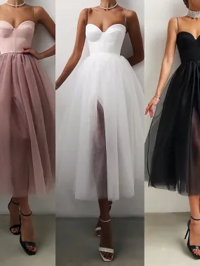 Casual Dress Midi Dress Black Pink White Sleeveless Pure Color Mesh Fall Spring Spaghetti Strap Romantic Birthday  S M L XL XXL for Women