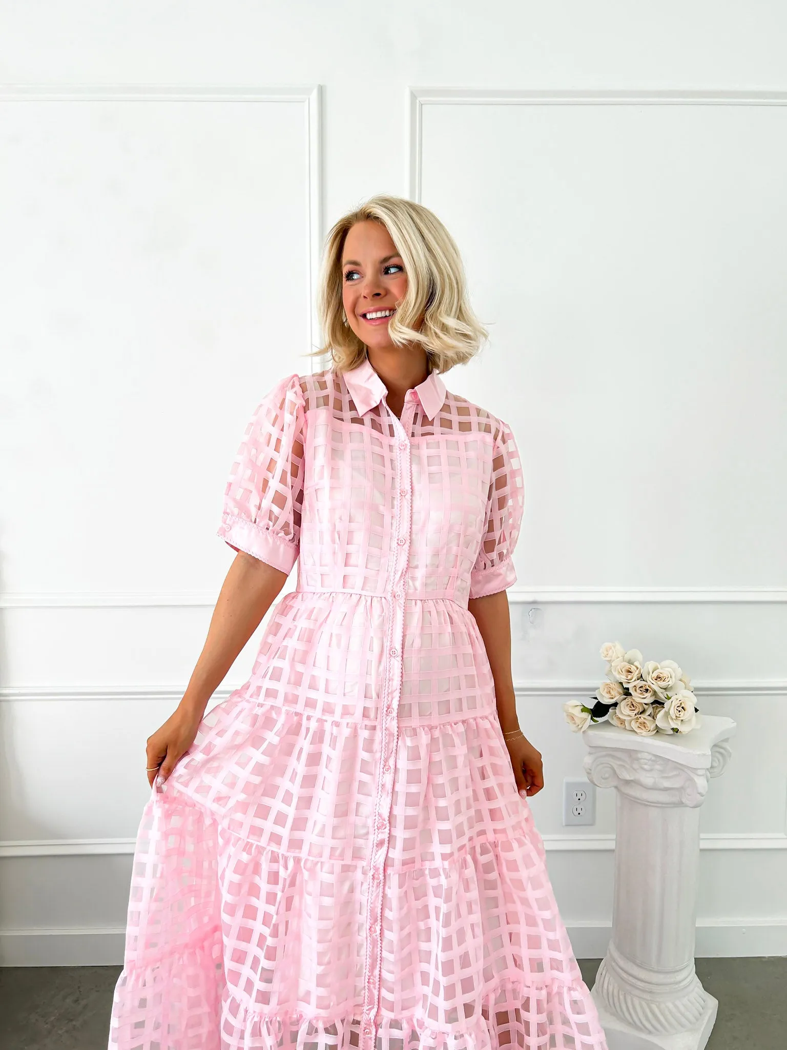 Check Me Out Pink Plaid Midi Dress