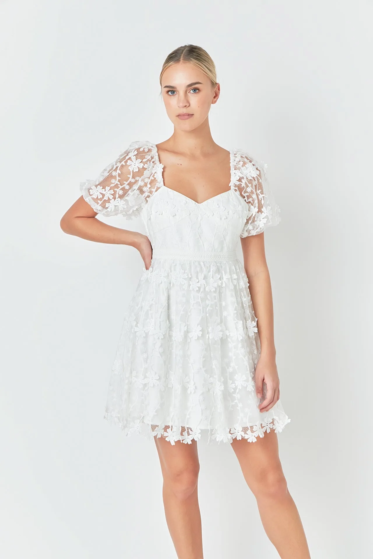 Crochet Lace Bustier Puff Mini Dress
