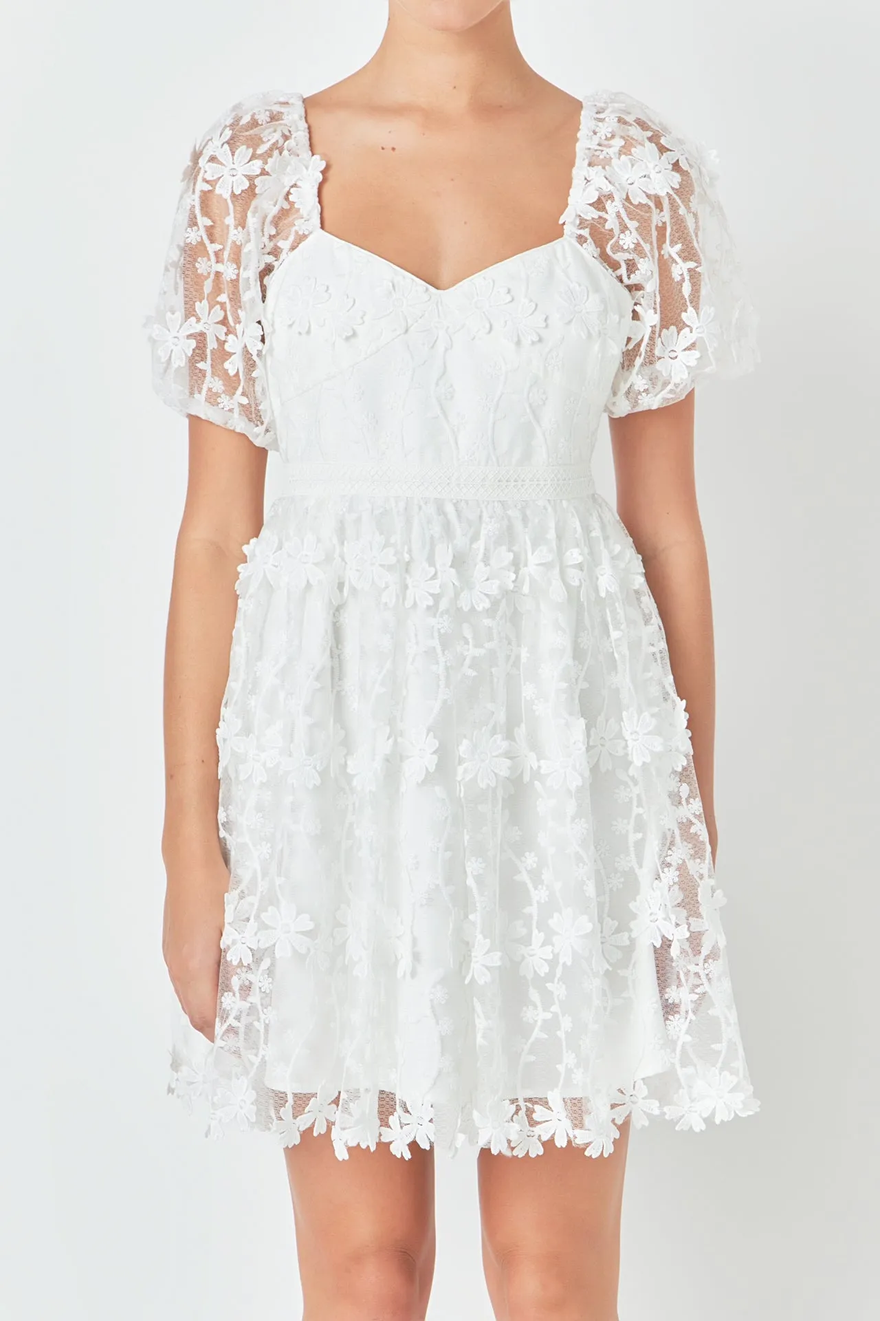 Crochet Lace Bustier Puff Mini Dress
