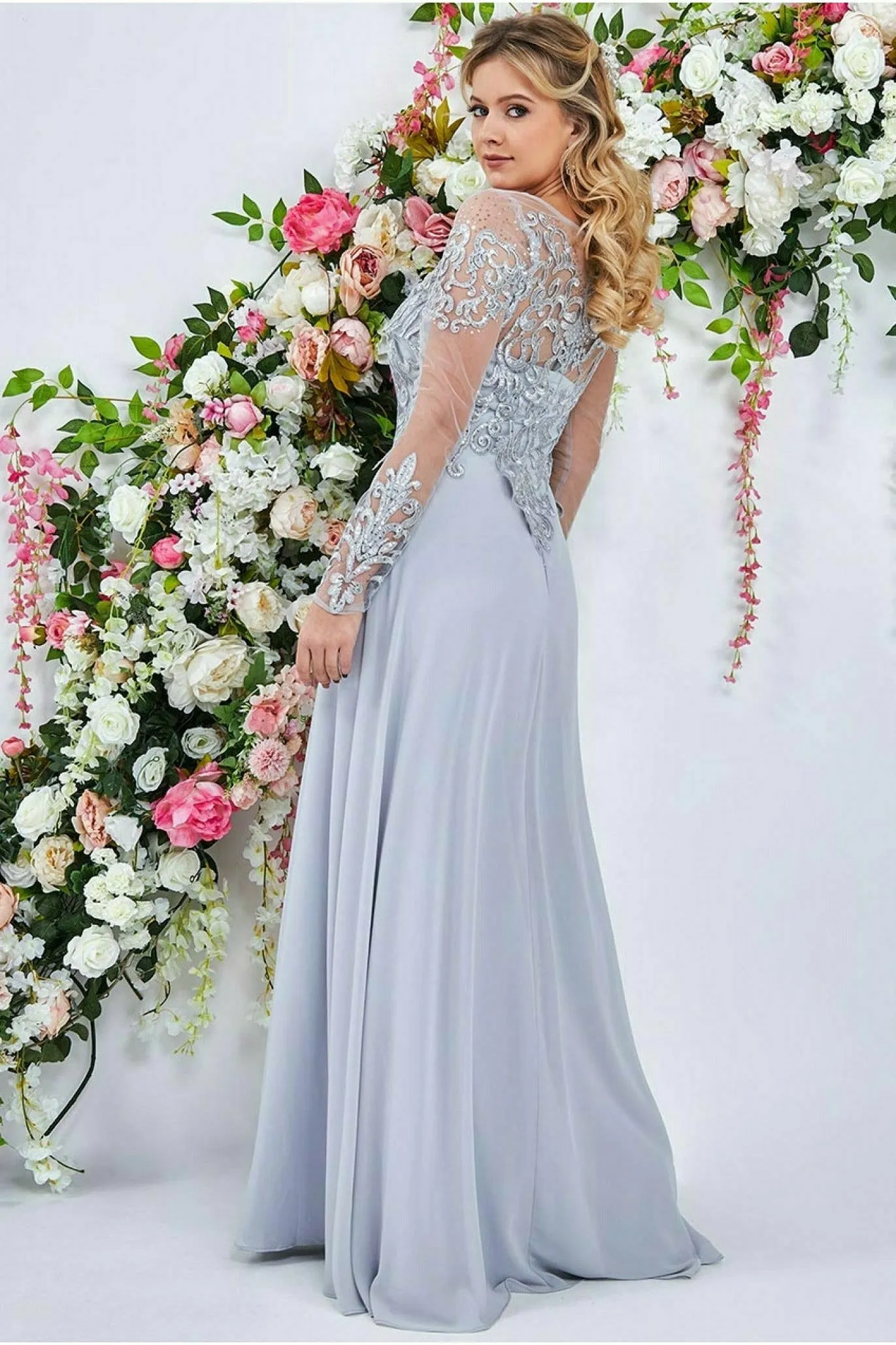 Goddiva Mesh & Lace Embroidered Bodice Maxi - Grey
