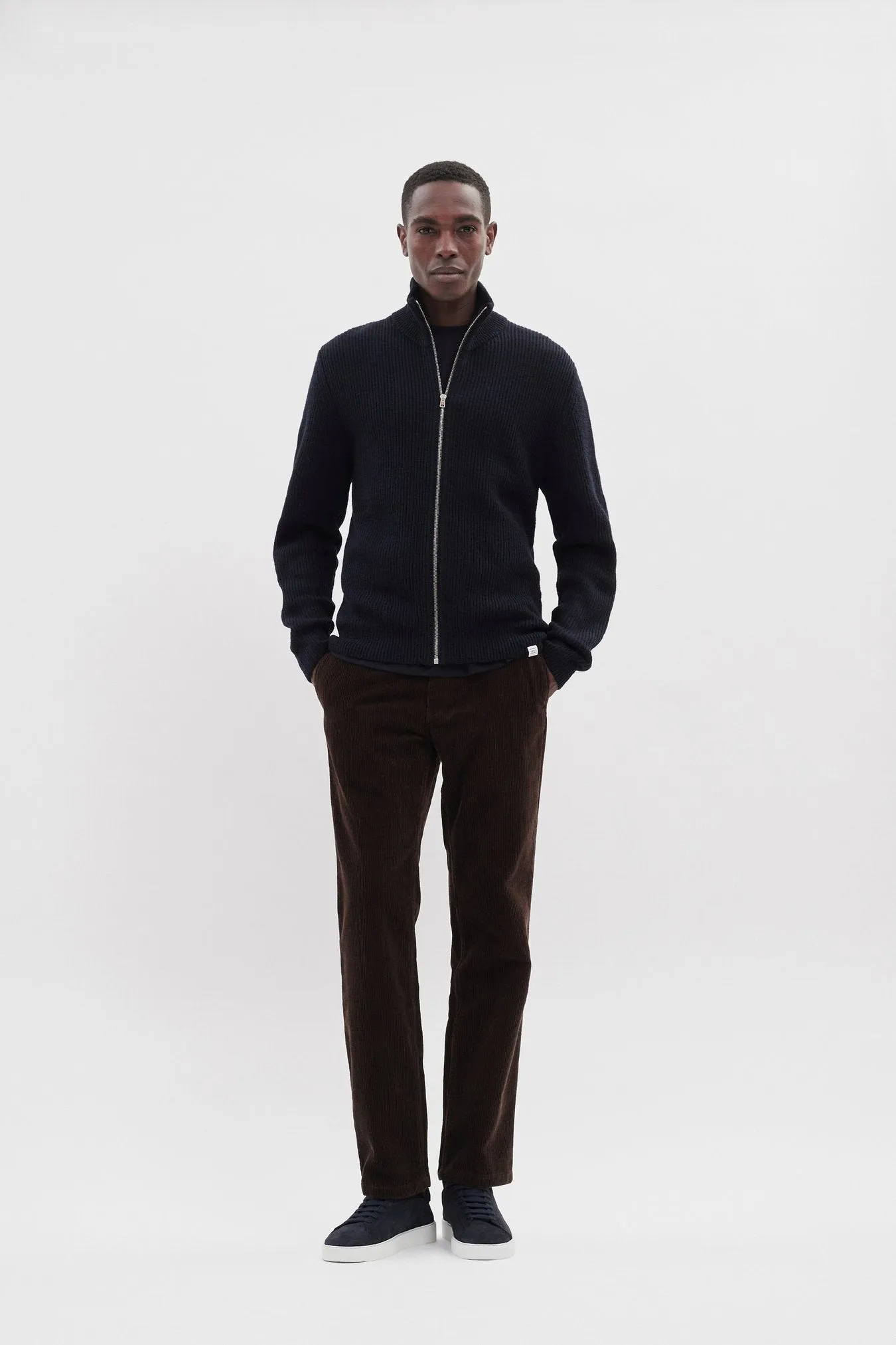 Hagen Wool Cotton Rib Full Zip Jacket - Dark Navy