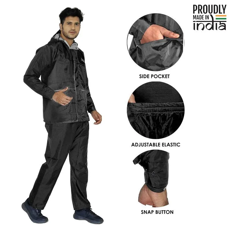 Men Rain Coat - Reversible Waterproof, Reflector Safety | XL | Deluxe Black