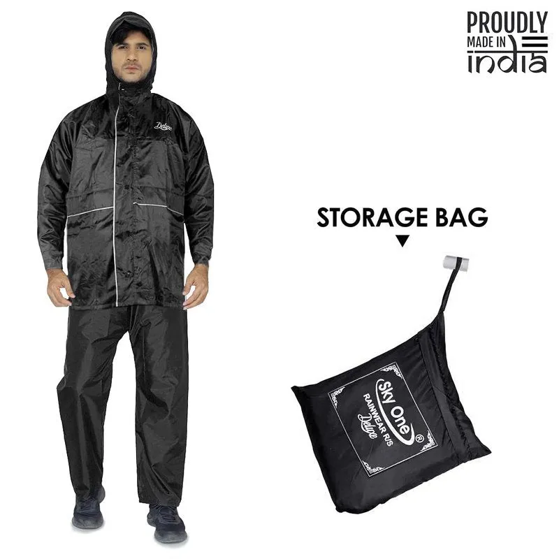 Men Rain Coat - Reversible Waterproof, Reflector Safety | XL | Deluxe Black