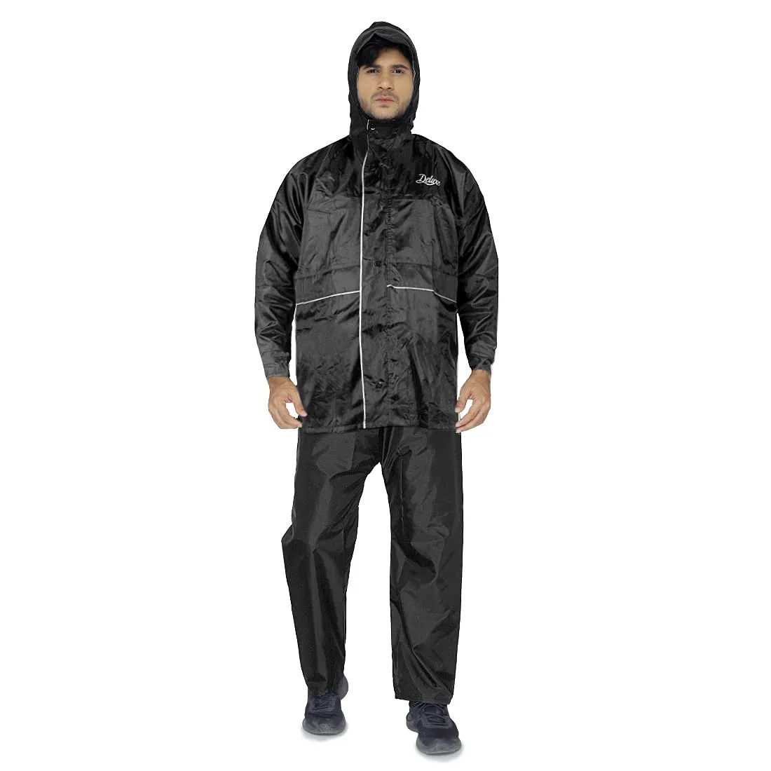 Men Rain Coat - Reversible Waterproof, Reflector Safety | XL | Deluxe Black
