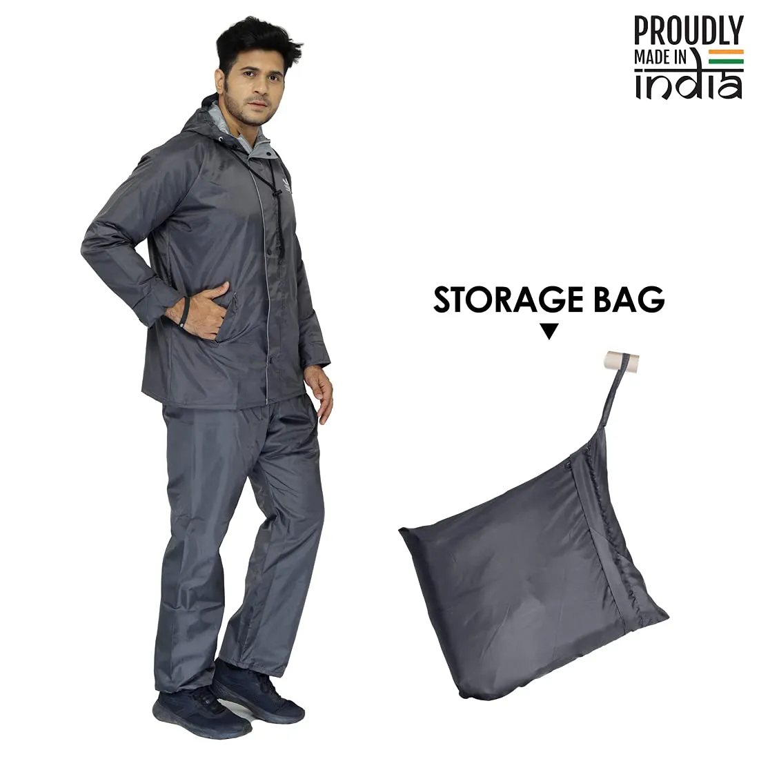 Men Rain Coat - Waterproof & Reversible with Hood | Set of Top & Bottom | X-Large | Prime Grey