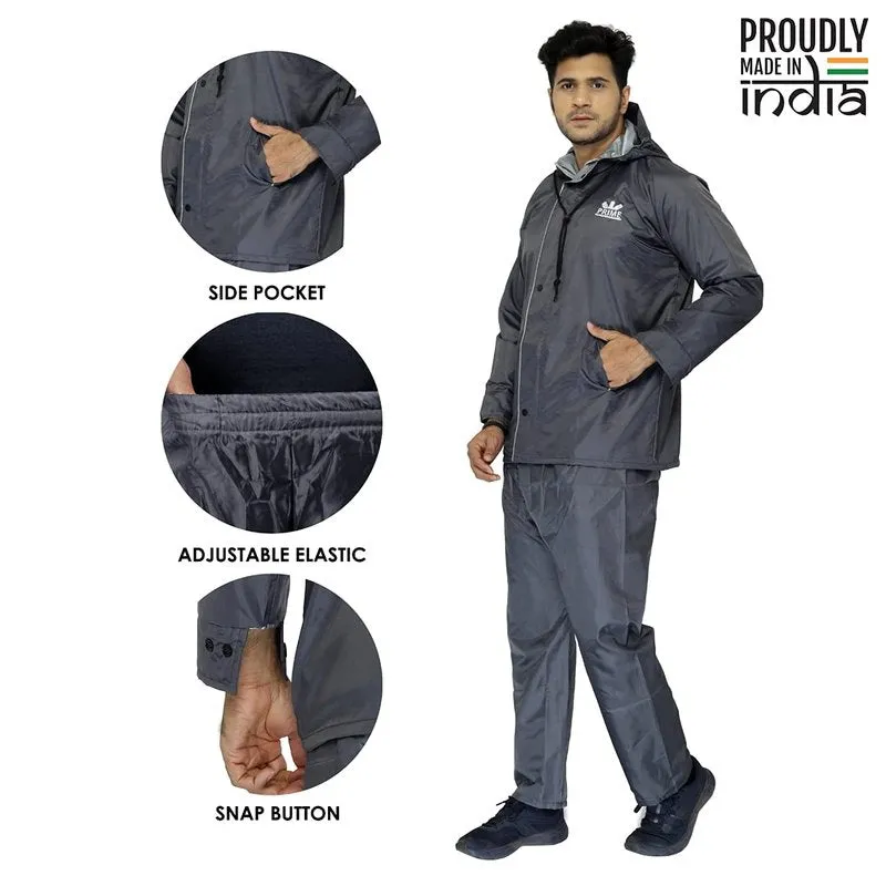 Men Rain Coat - Waterproof & Reversible with Hood | Set of Top & Bottom | X-Large | Prime Grey
