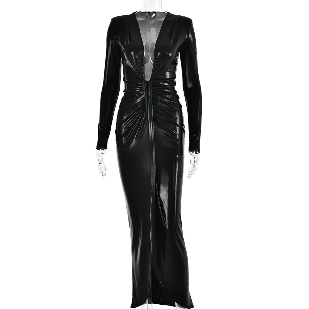 Metallic Coated Fabric Dress Sexy Glossy V neck Long Sleeve Stitching Ruffle Hip Leather Dress