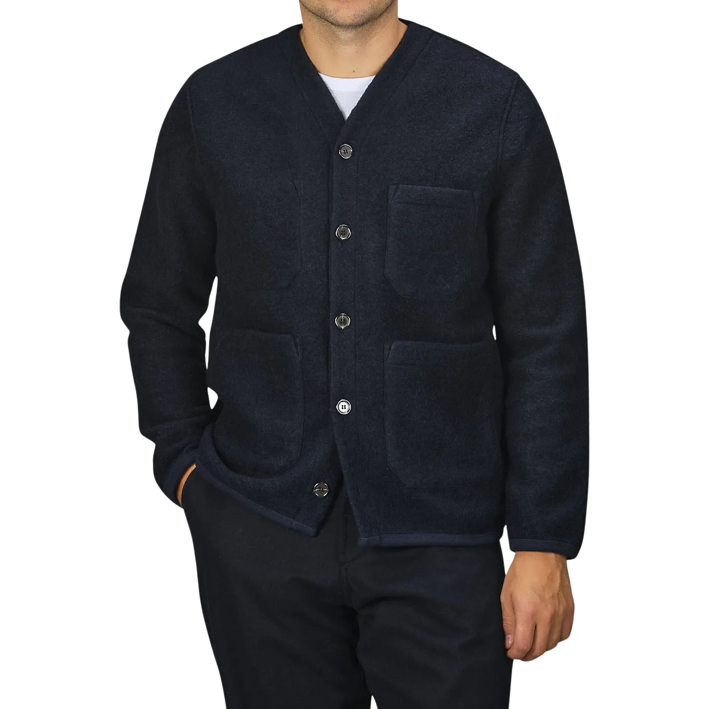 Navy Blue Wool Fleece Cardigan