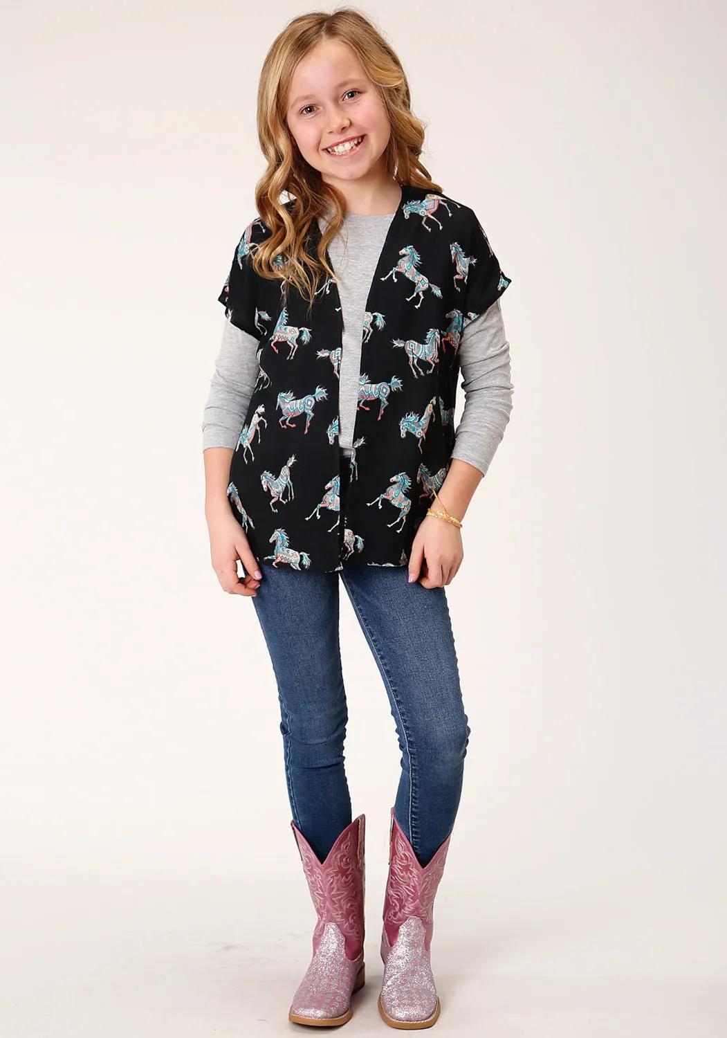 Roper Girls Kids Black Rayon/Nylon Wild Horses Cardigan