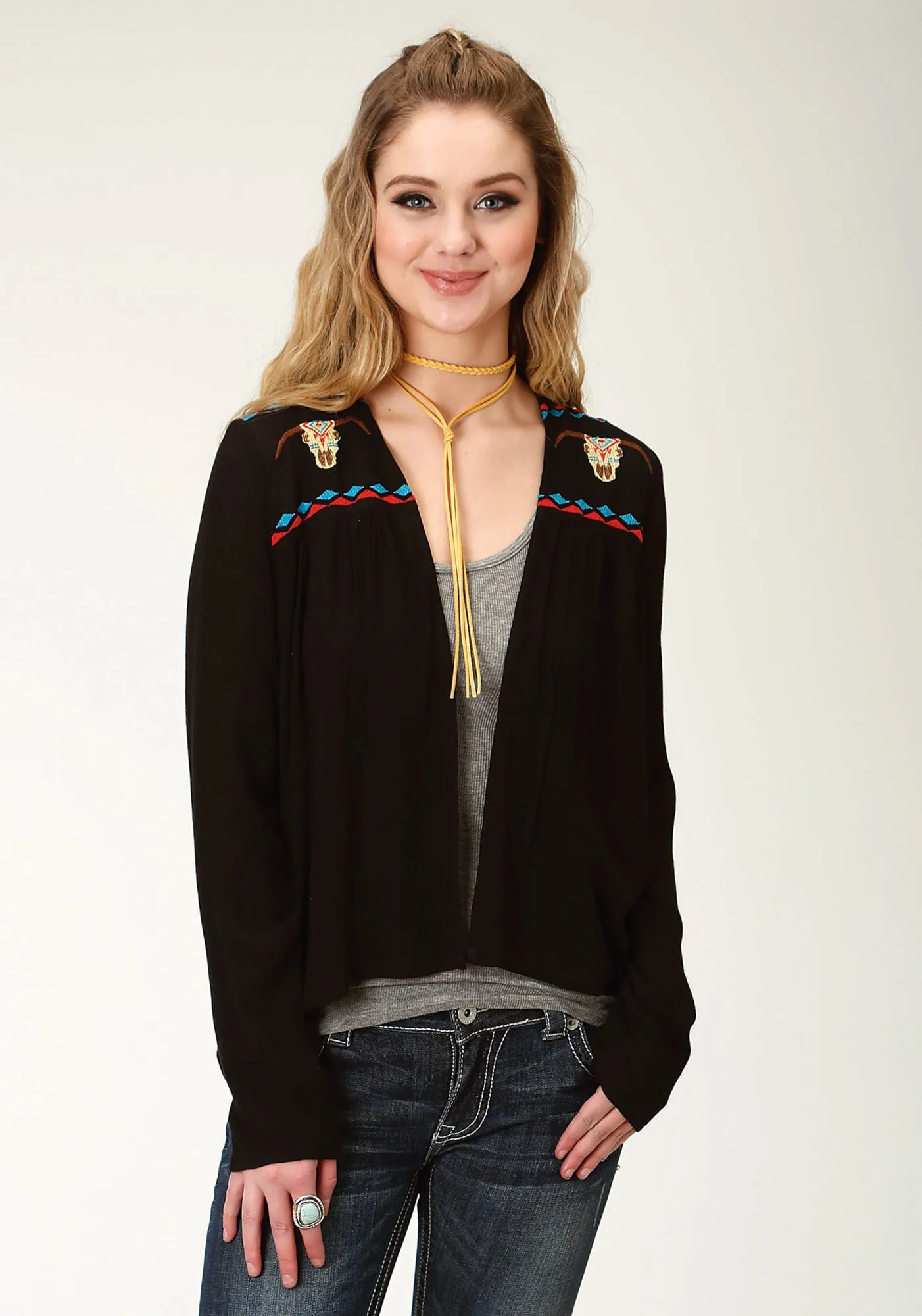 Roper Womens Black Cotton Blend Blended Crepe Cardigan