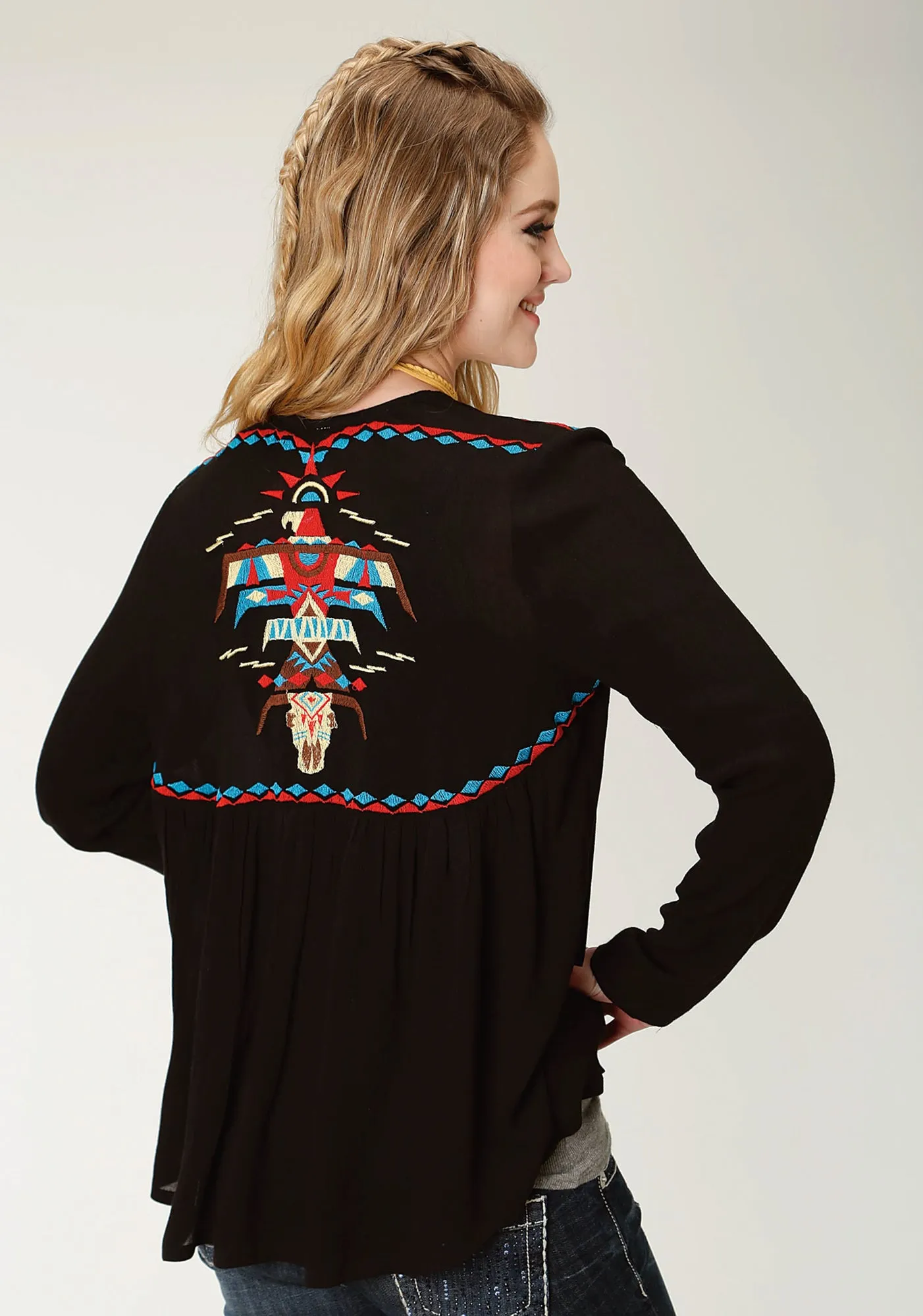 Roper Womens Black Cotton Blend Blended Crepe Cardigan