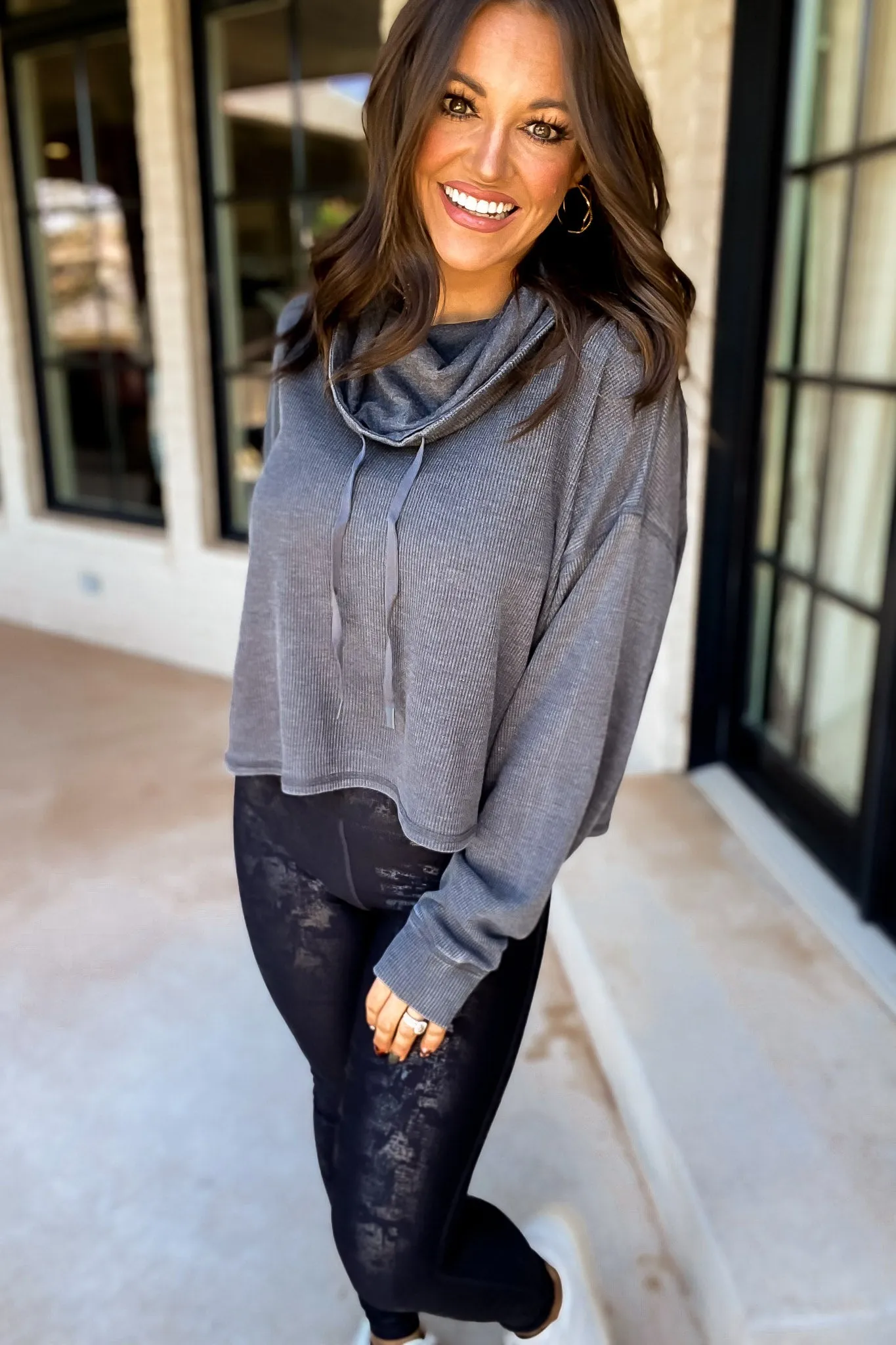 Settle The Score Black Boxy Mineral-Washed Cowl-Neck Pullover with Waffle Knit Top