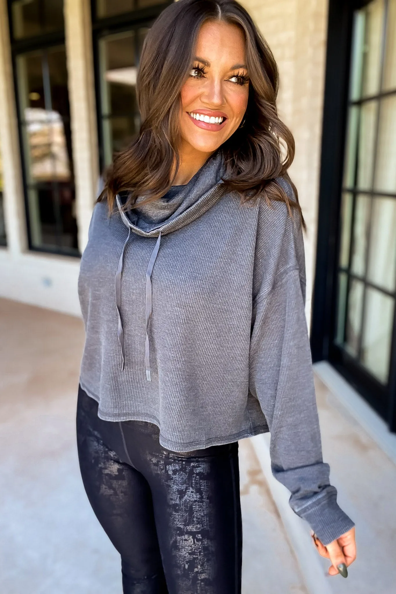Settle The Score Black Boxy Mineral-Washed Cowl-Neck Pullover with Waffle Knit Top