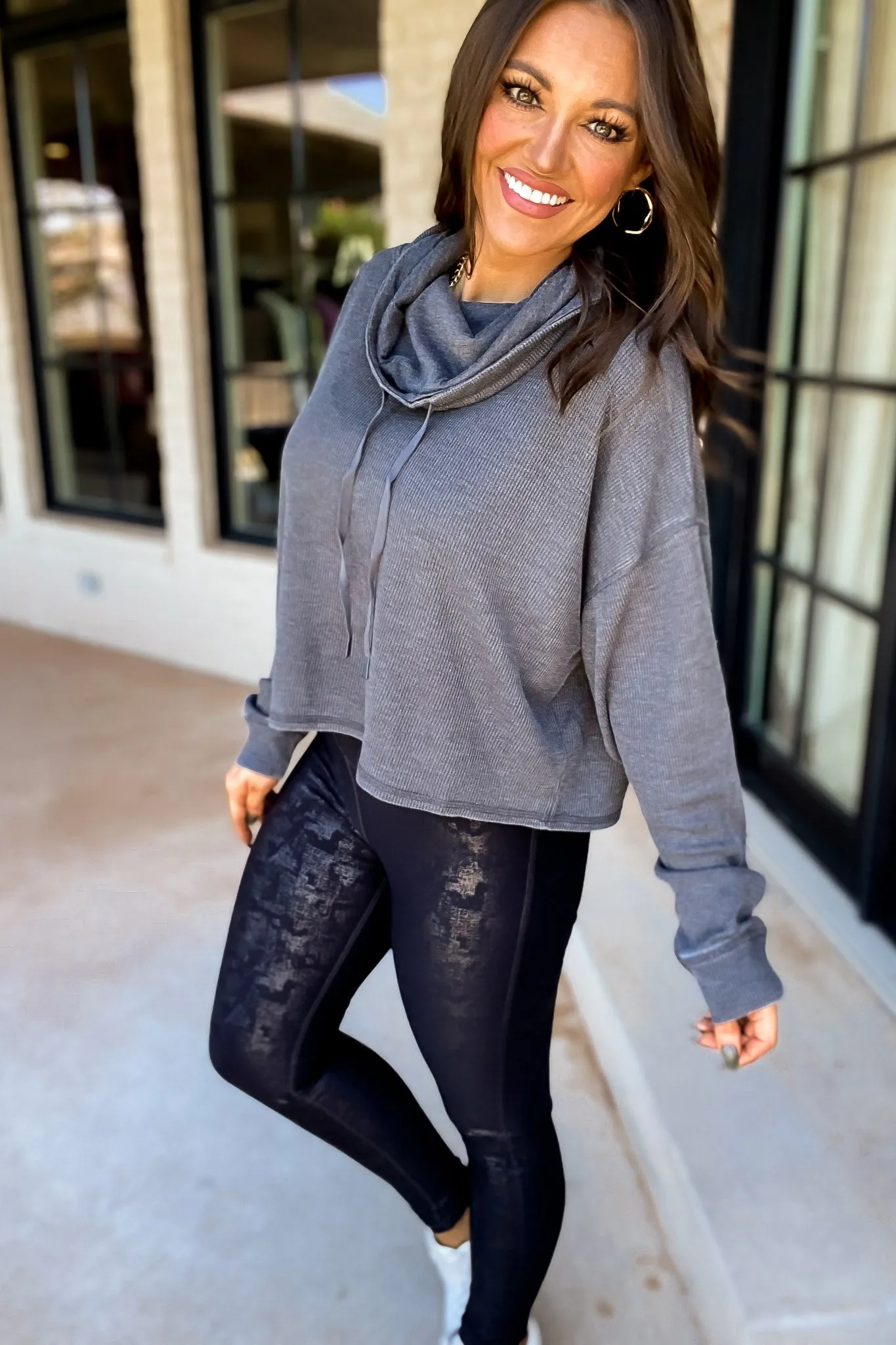 Settle The Score Black Boxy Mineral-Washed Cowl-Neck Pullover with Waffle Knit Top