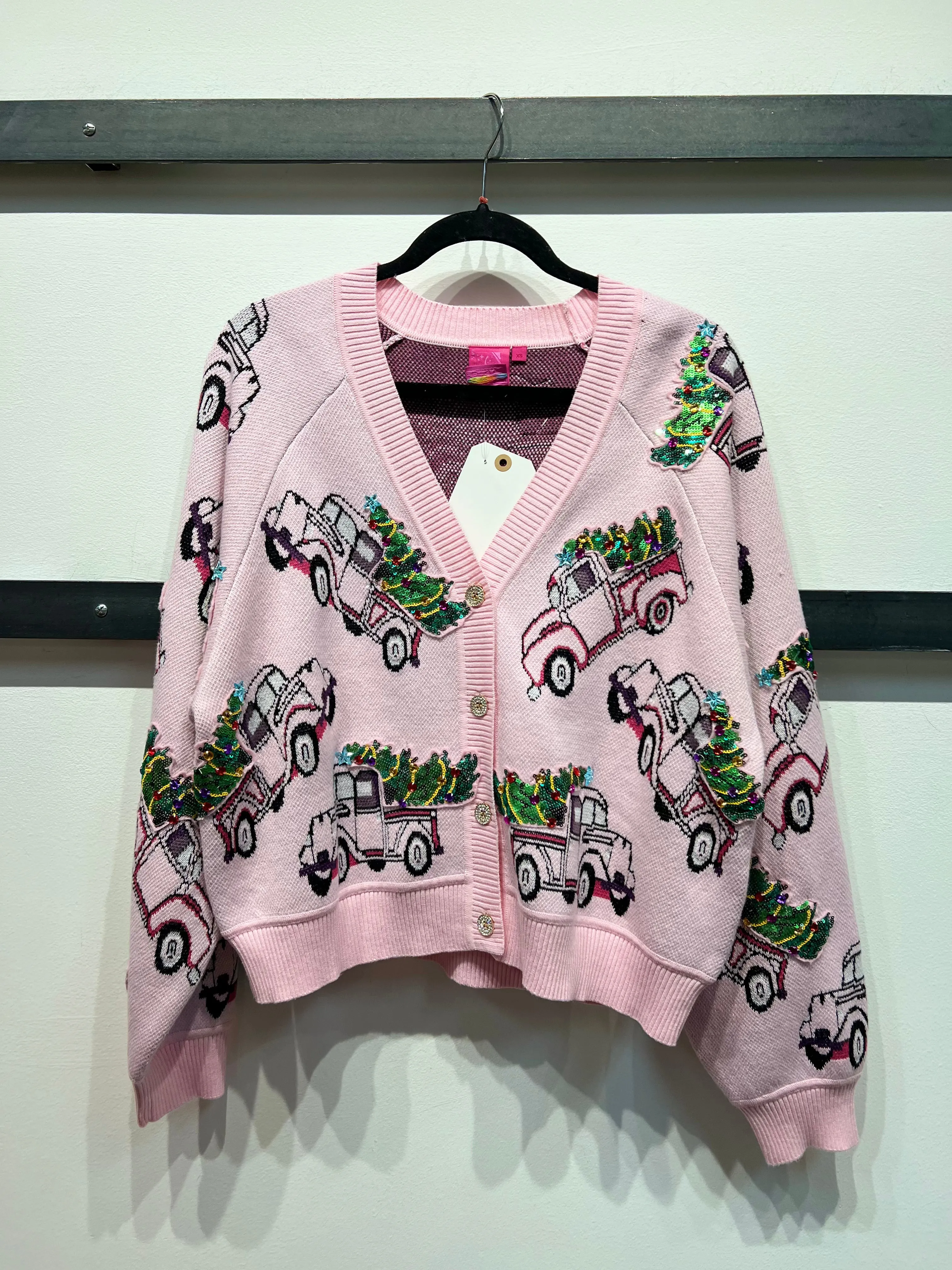 Trucks With Christmas Trees Cardigan - Light Pink [Queen of Sparkles]