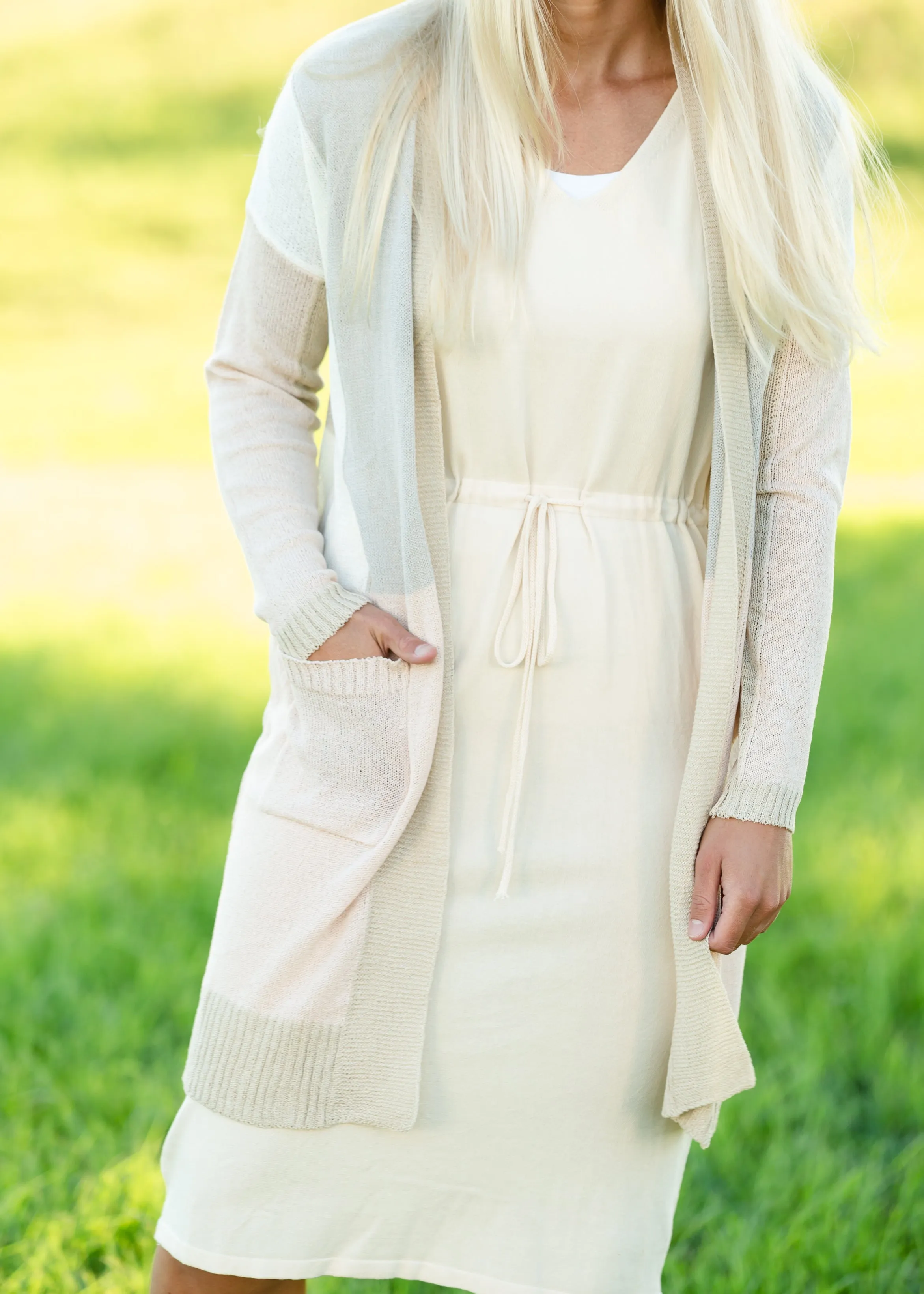 V-Neck Tie Waist Beige Midi Dress - FINAL SALE