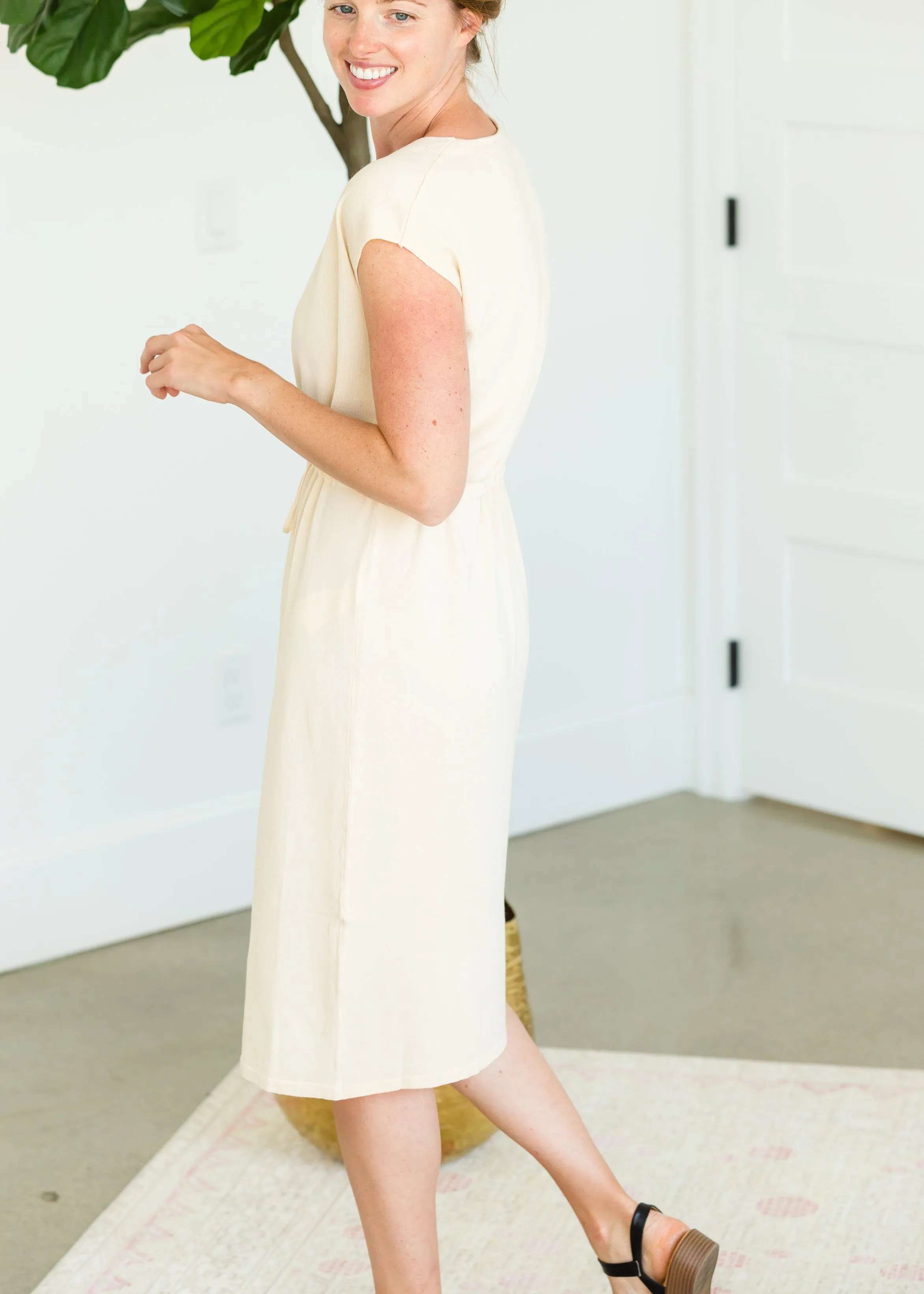 V-Neck Tie Waist Beige Midi Dress - FINAL SALE