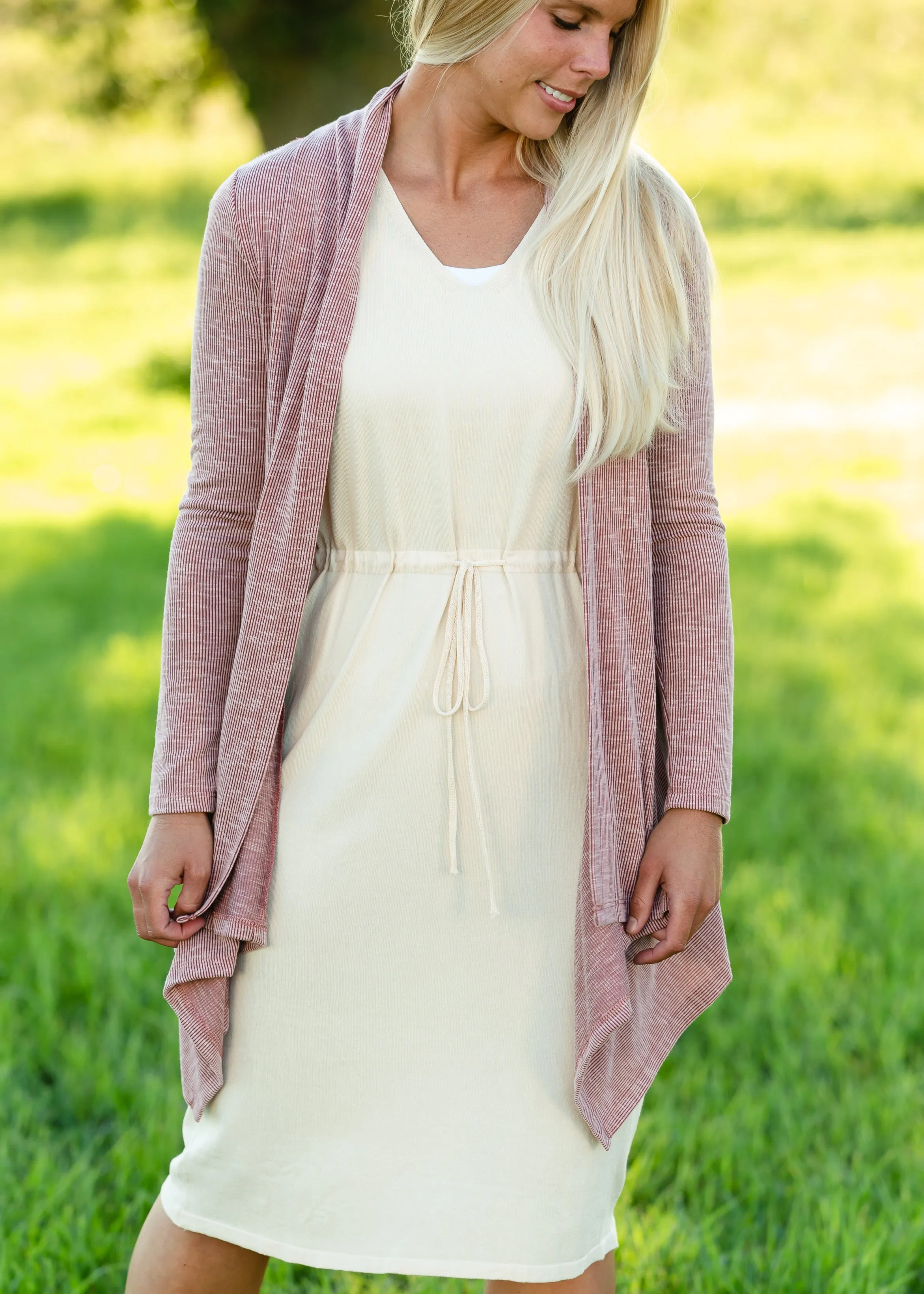 V-Neck Tie Waist Beige Midi Dress - FINAL SALE