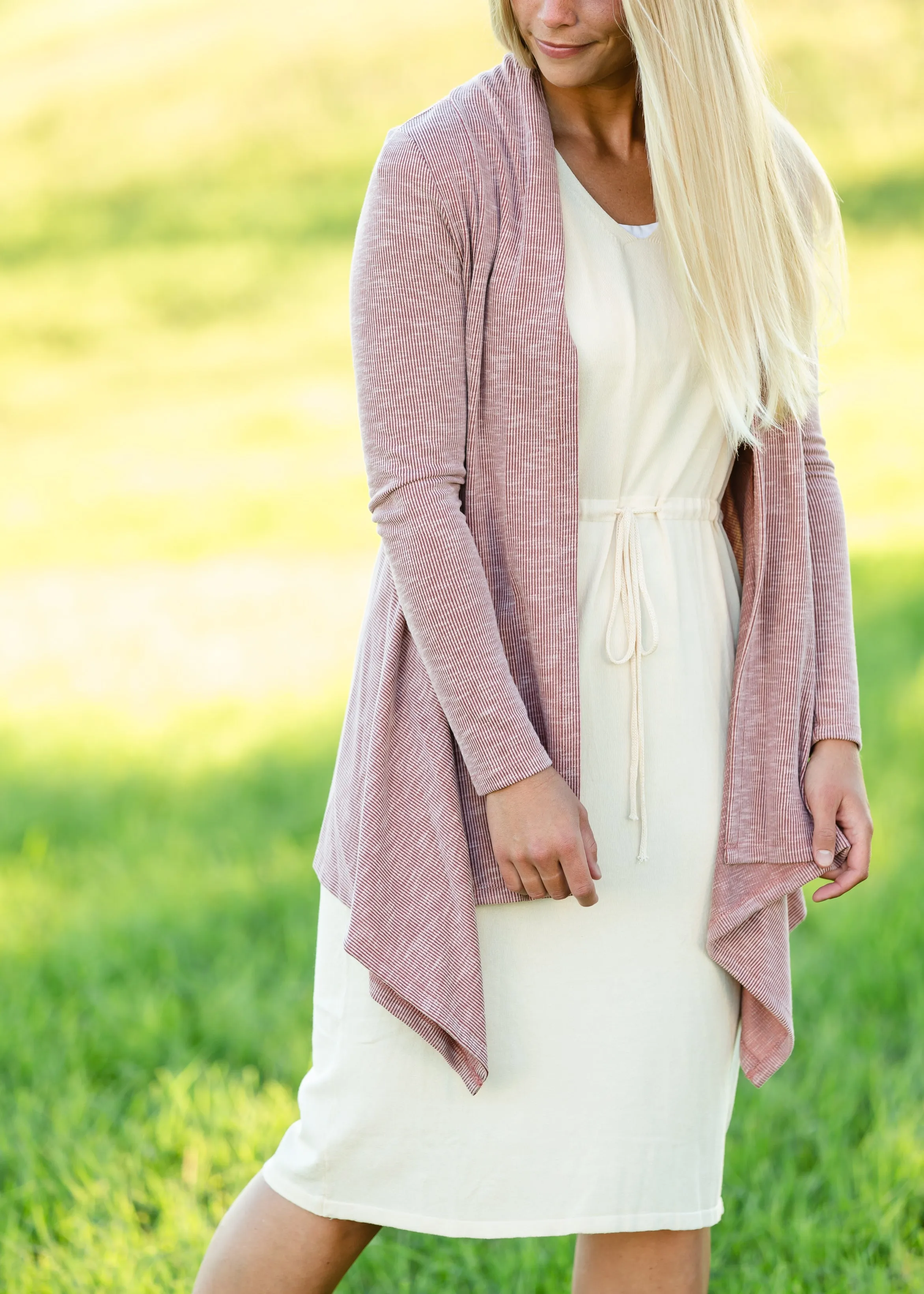 V-Neck Tie Waist Beige Midi Dress - FINAL SALE