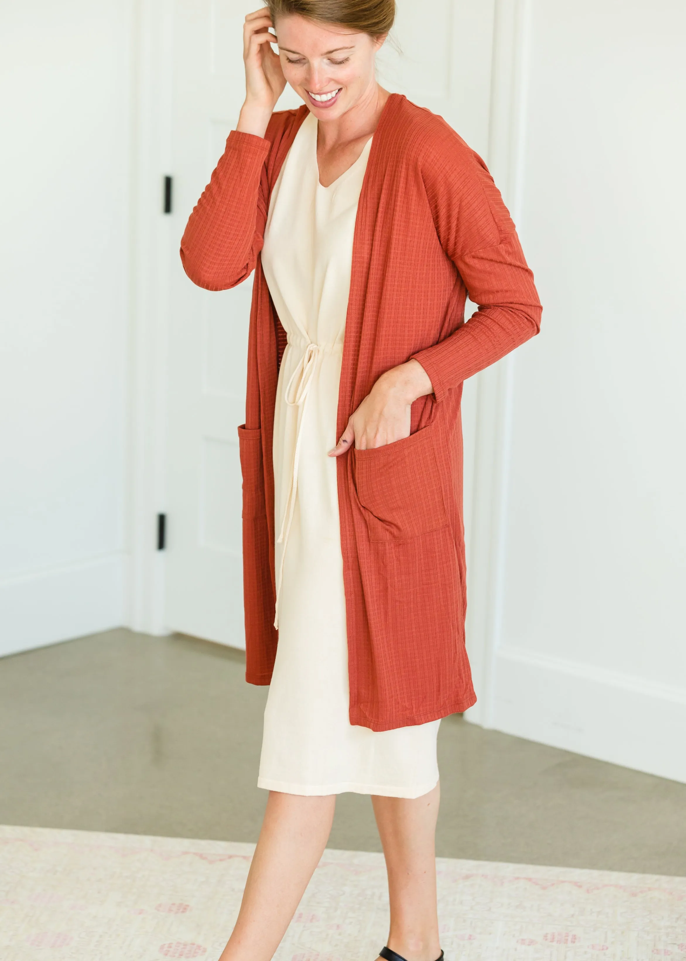 V-Neck Tie Waist Beige Midi Dress - FINAL SALE